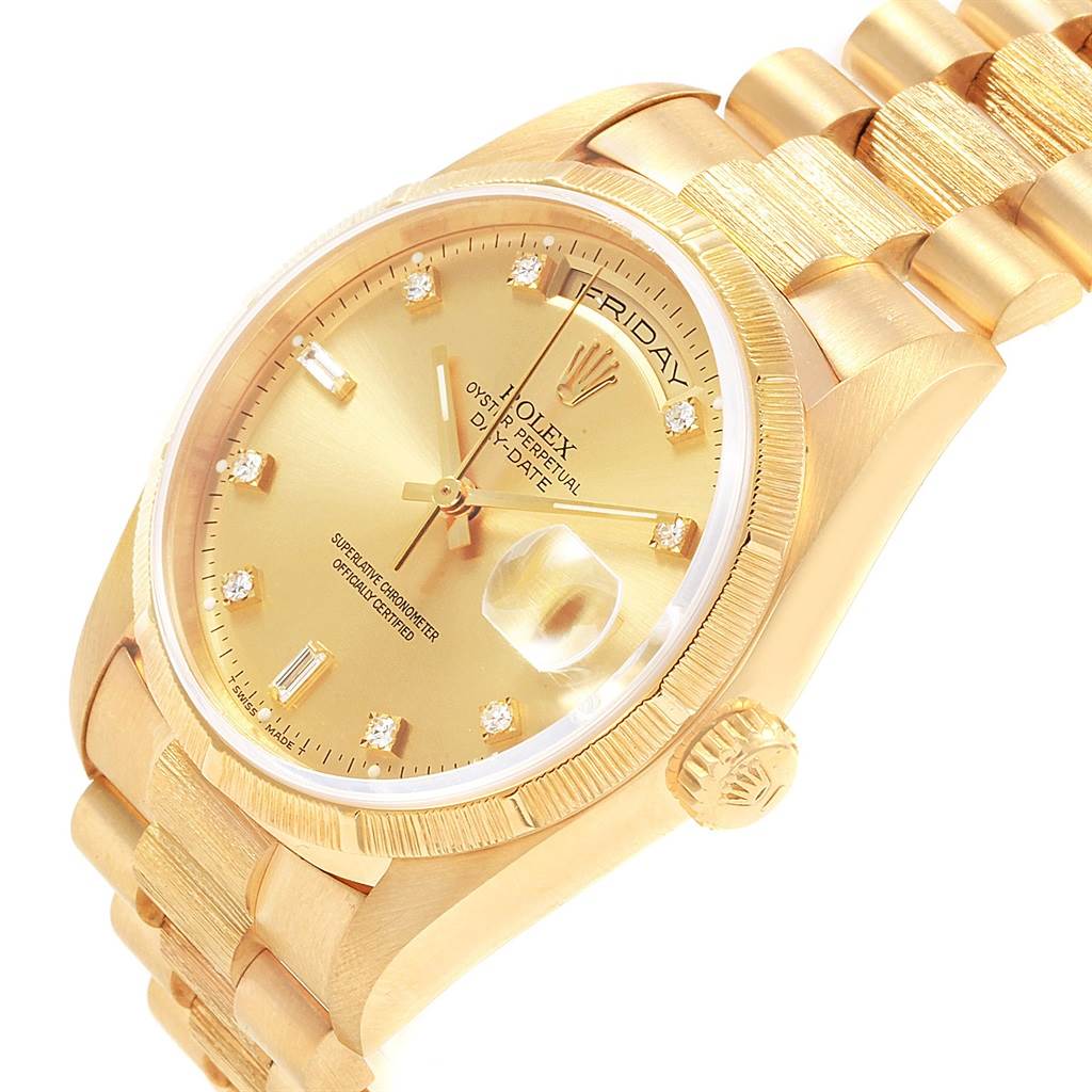 The watch is a Rolex President 20604 Men
s Yellow Gold Champagne Dial 20604 Men
s Yellow Gold Champagne Dial model shown at an angle highlighting the dial, crown, and bracelet.