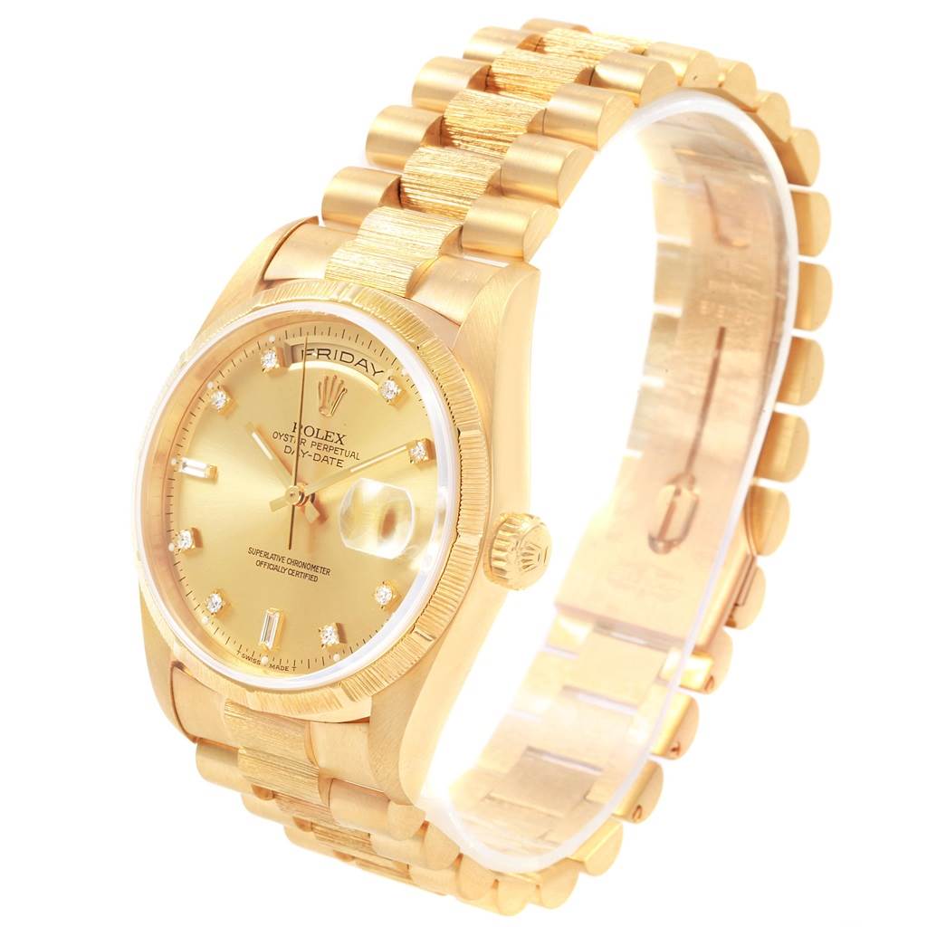 The Rolex President 20604 Men
s Yellow Gold Champagne Dial 20604 Men
s Yellow Gold Champagne Dial model watch is shown from an angled front view, highlighting the dial, bracelet, and crown.