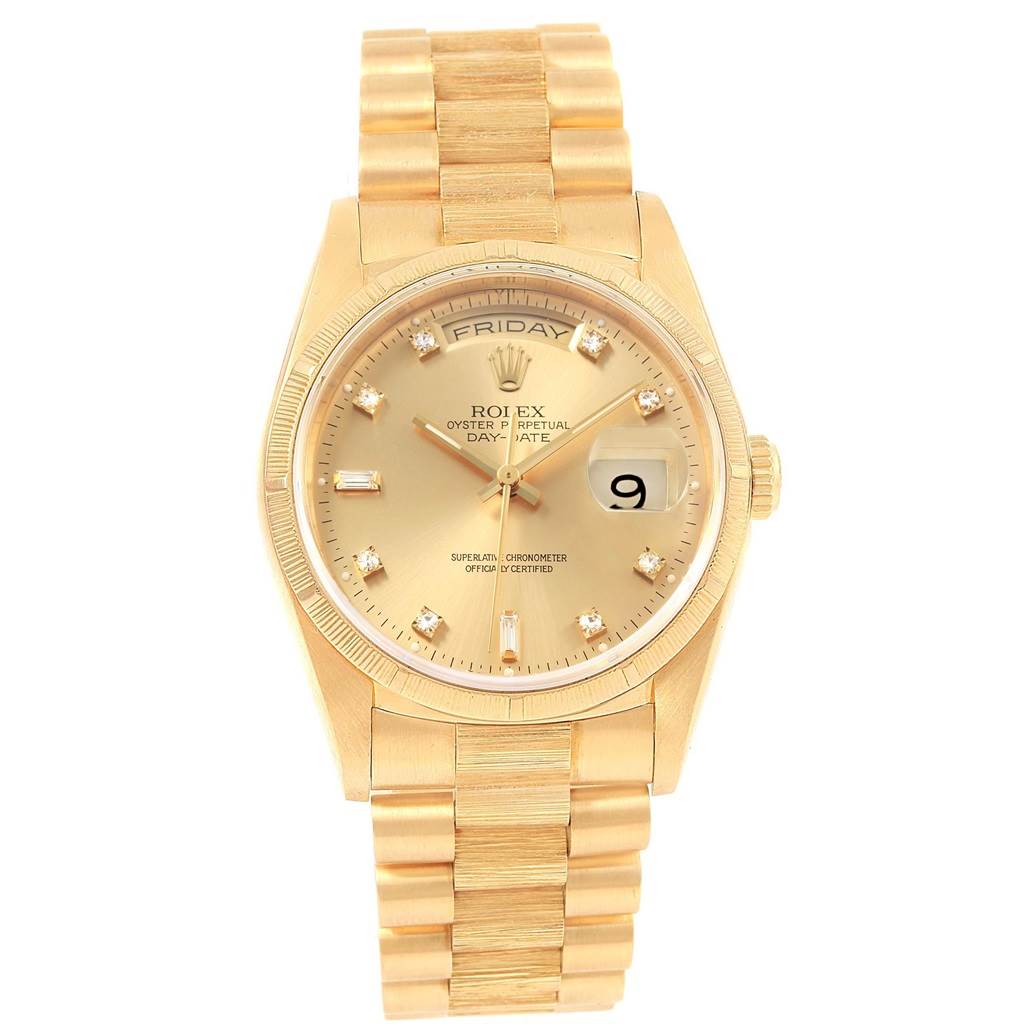 The Rolex President 20604 Men
s Yellow Gold Champagne Dial 20604 Men
s Yellow Gold Champagne Dial model watch is shown from a front angle, displaying the dial, hands, day-date window, and bracelet.