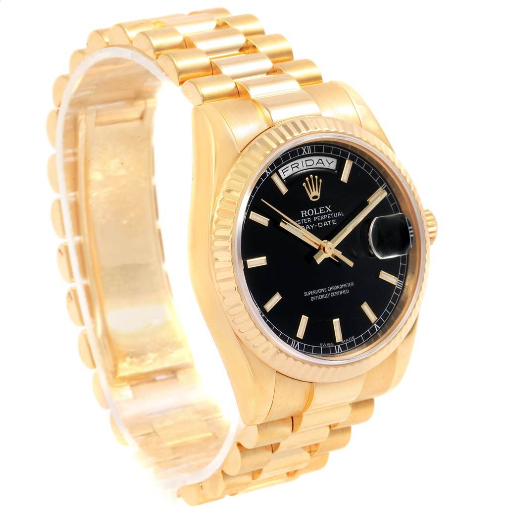 This image shows the Rolex President 118238 Men's Yellow Gold Black Dial 118238 Men's Yellow Gold Black Dial model watch from a front angle, highlighting its black dial, day-date display, and golden band.