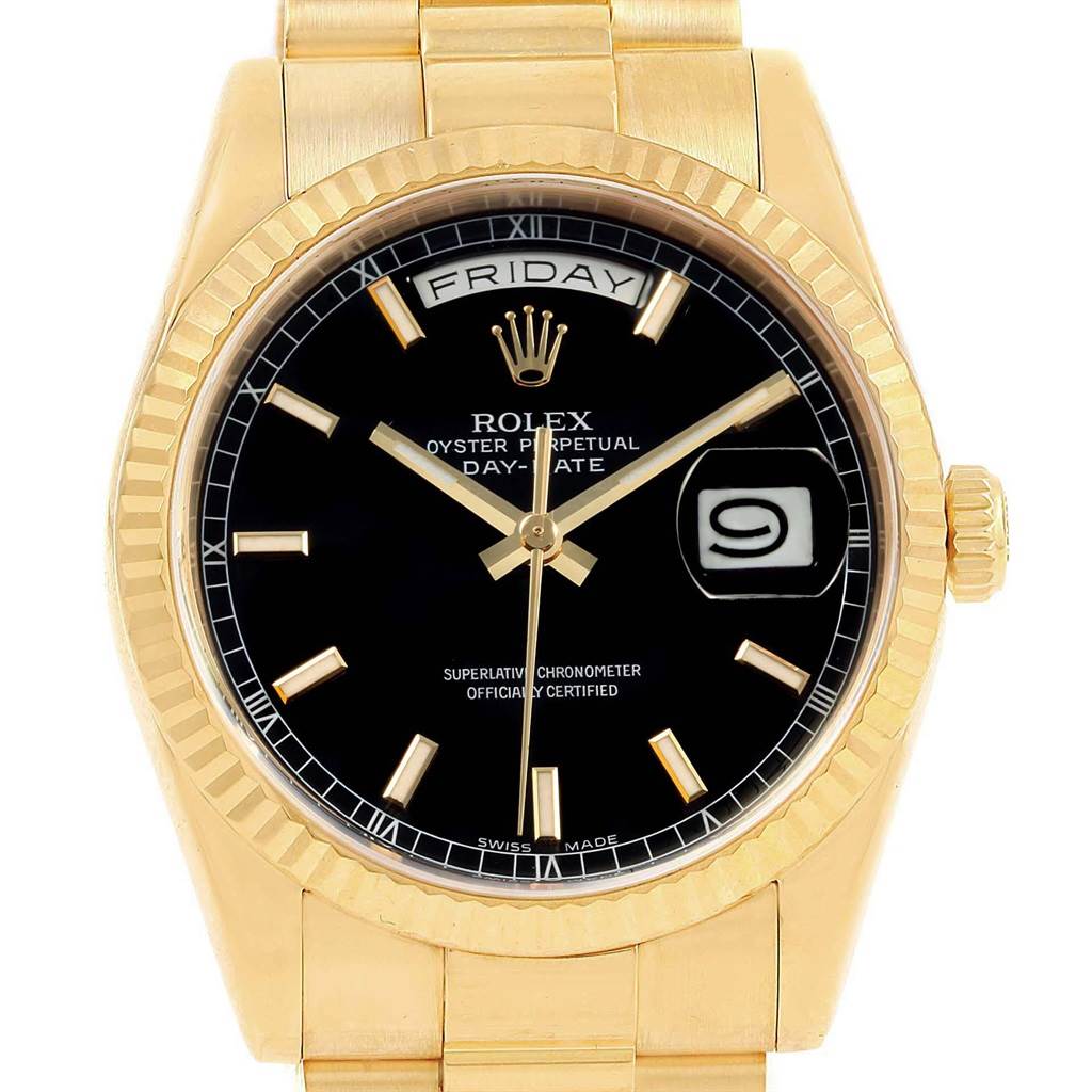 The image shows a Rolex President 118238 Men's Yellow Gold Black Dial 118238 Men's Yellow Gold Black Dial model watch from the front, highlighting the dial, hands, day-date window, and bracelet.