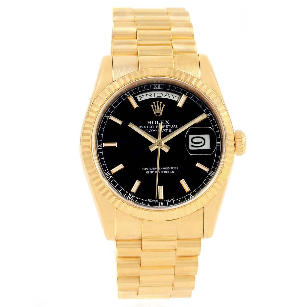 The image shows a frontal view of the Rolex President 118238 Men's Yellow Gold Black Dial 118238 Men's Yellow Gold Black Dial model watch displaying the face, bracelet, and crown.