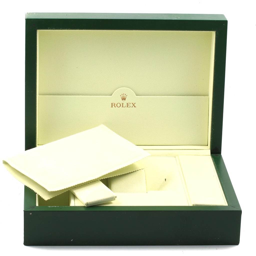 This image shows the open box and accessories for a Rolex President 118238 Men's Yellow Gold Black Dial 118238 Men's Yellow Gold Black Dial model watch.