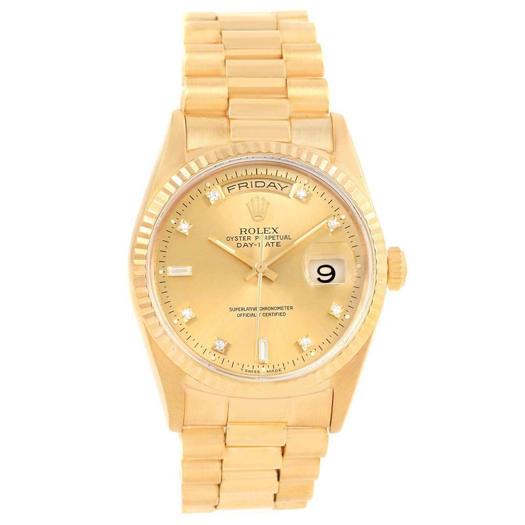 This image shows a Rolex President 18238 Men
s Yellow Gold Champagne Dial 18238 Men
s Yellow Gold Champagne Dial model watch from a front angle, highlighting its face, bezel, and bracelet.
