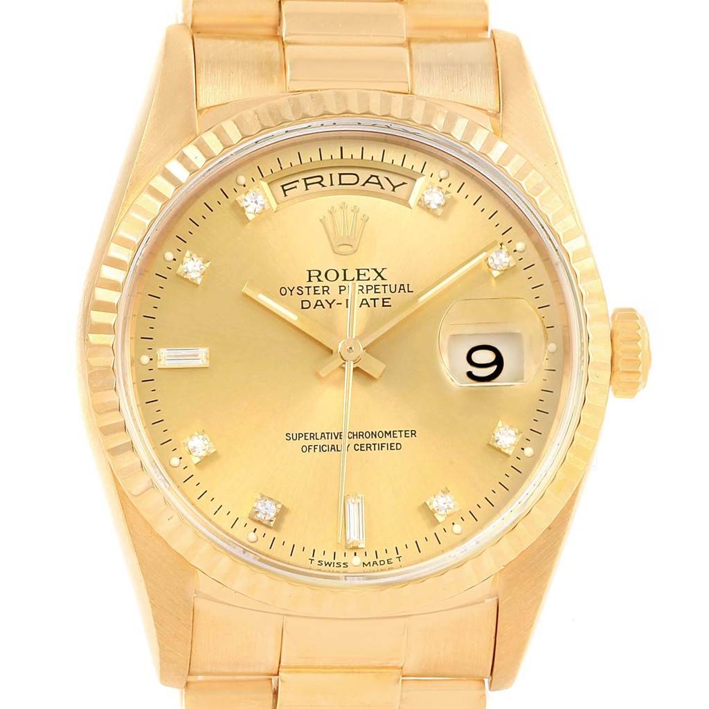The image shows a front view of a Rolex President 18238 Men
s Yellow Gold Champagne Dial 18238 Men
s Yellow Gold Champagne Dial model watch, highlighting its gold dial, day and date display, and diamond hour markers.