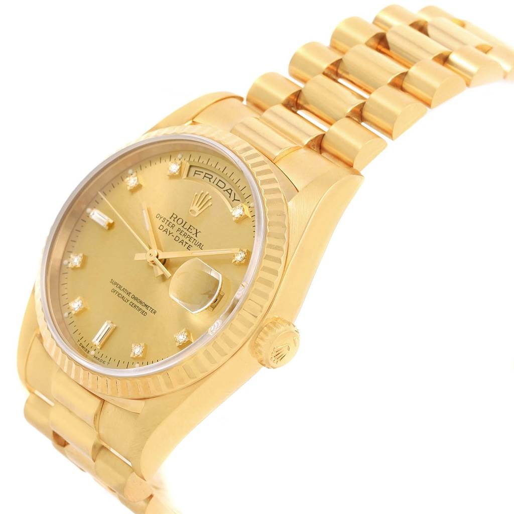 The image shows a Rolex President 18238 Men
s Yellow Gold Champagne Dial 18238 Men
s Yellow Gold Champagne Dial model watch at an angled view, highlighting its gold bracelet, bezel, crown, and dial.