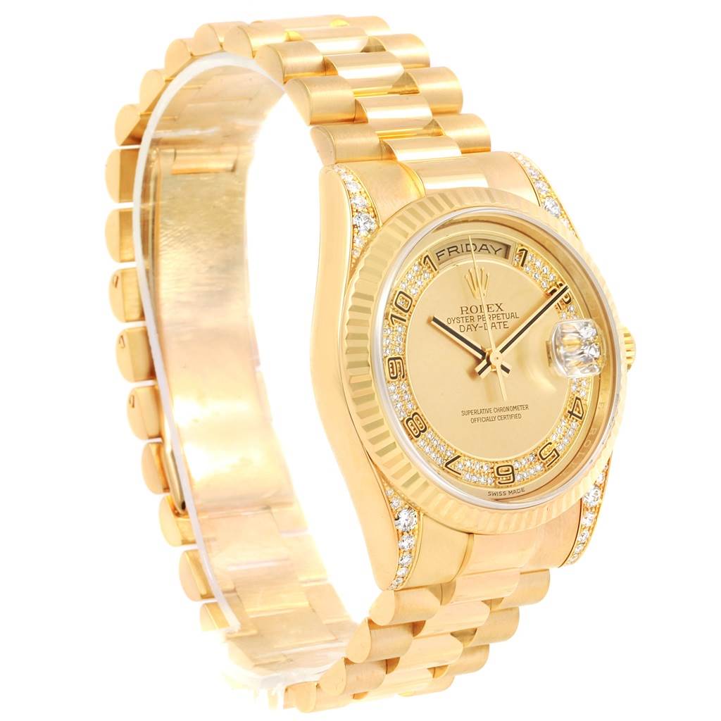 The image shows a Rolex President 118338 Men
s Yellow Gold Champagne Dial 118338 Men
s Yellow Gold Champagne Dial model watch from an angled side view, highlighting the face, bezel, and bracelet.