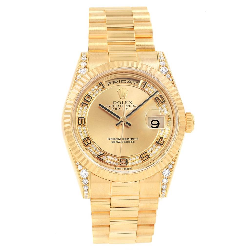 This Rolex President 118338 Men
s Yellow Gold Champagne Dial 118338 Men
s Yellow Gold Champagne Dial model watch is shown from a top-down angle, highlighting the gold case, bracelet, and diamond-accented bezel and dial.
