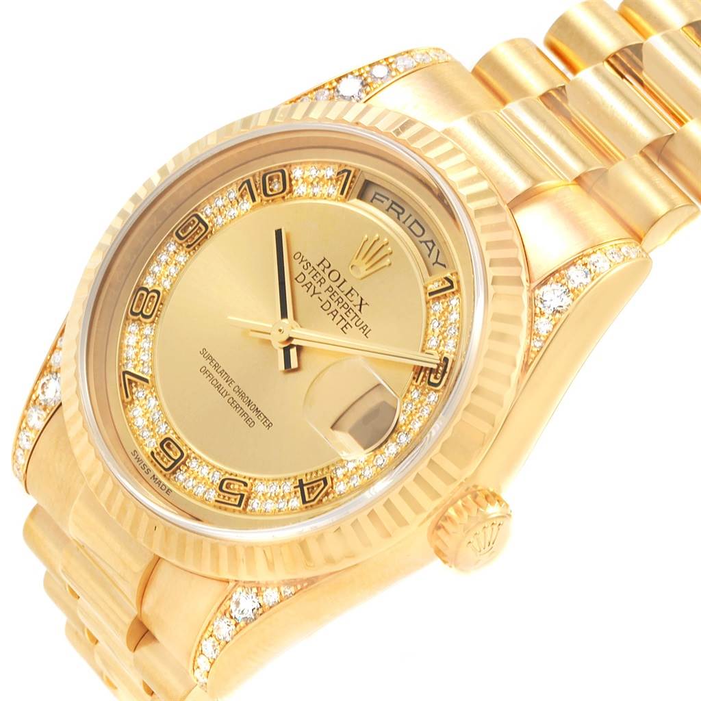 The image shows a Rolex President 118338 Men
s Yellow Gold Champagne Dial 118338 Men
s Yellow Gold Champagne Dial model watch with a close-up view of its face, bezel, and part of the bracelet.