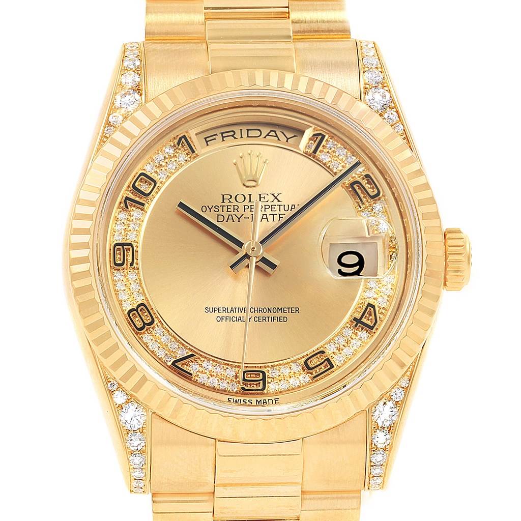 This image shows a close-up view of the Rolex President 118338 Men
s Yellow Gold Champagne Dial 118338 Men
s Yellow Gold Champagne Dial model watch, highlighting its gold finish, date window, and diamond accents.