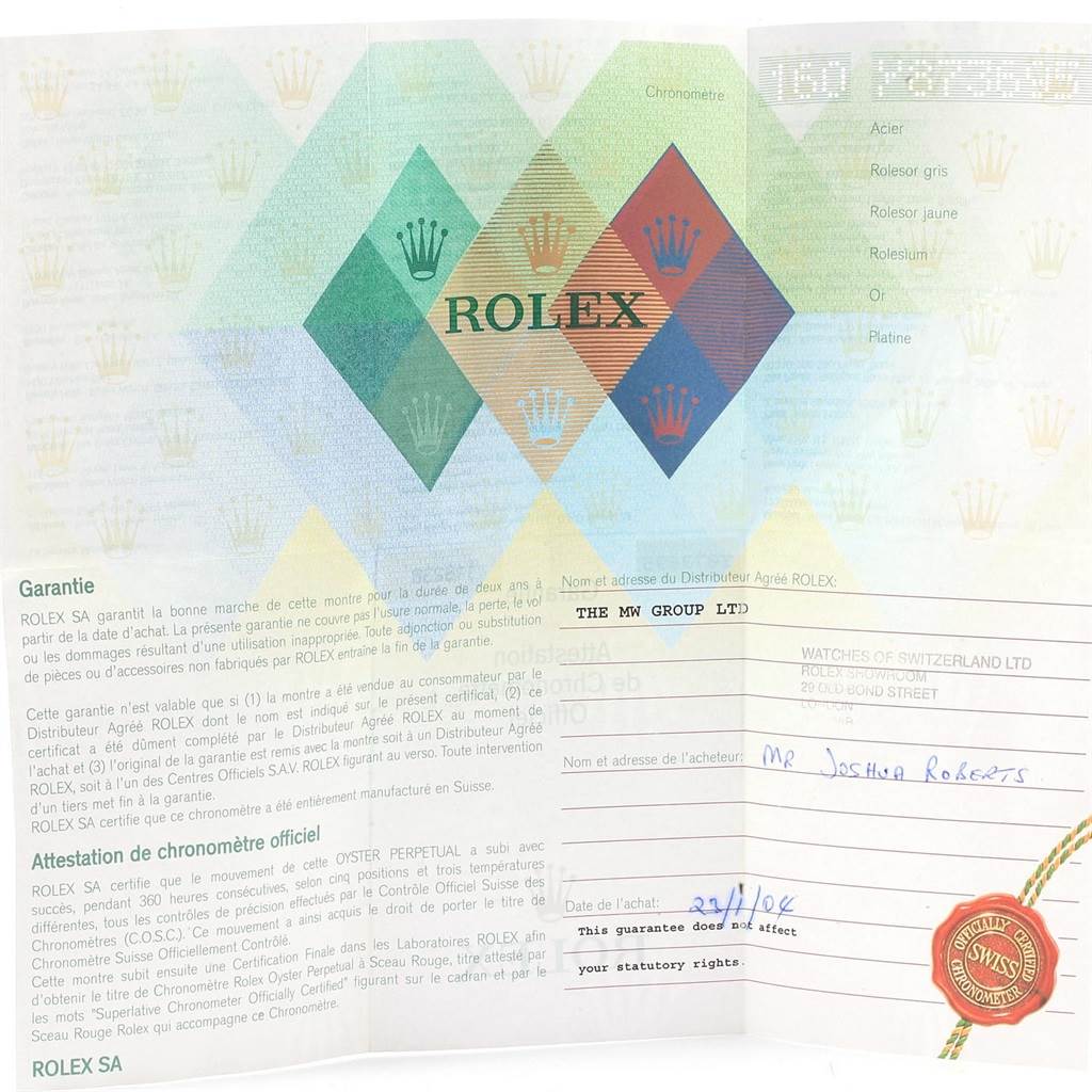 The image shows warranty and certification papers for a Rolex President 118238 Men
s Yellow Gold White Dial 118238 Men
s Yellow Gold White Dial model watch, featuring the Rolex branding prominently.