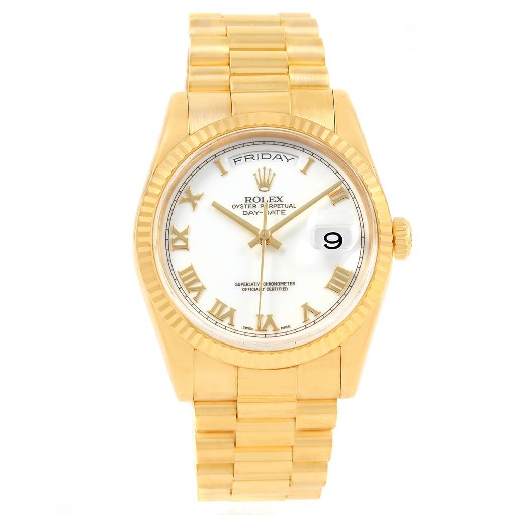The image shows a front view of a Rolex President 118238 Men
s Yellow Gold White Dial 118238 Men
s Yellow Gold White Dial model watch, displaying the dial, bracelet, and bezel.