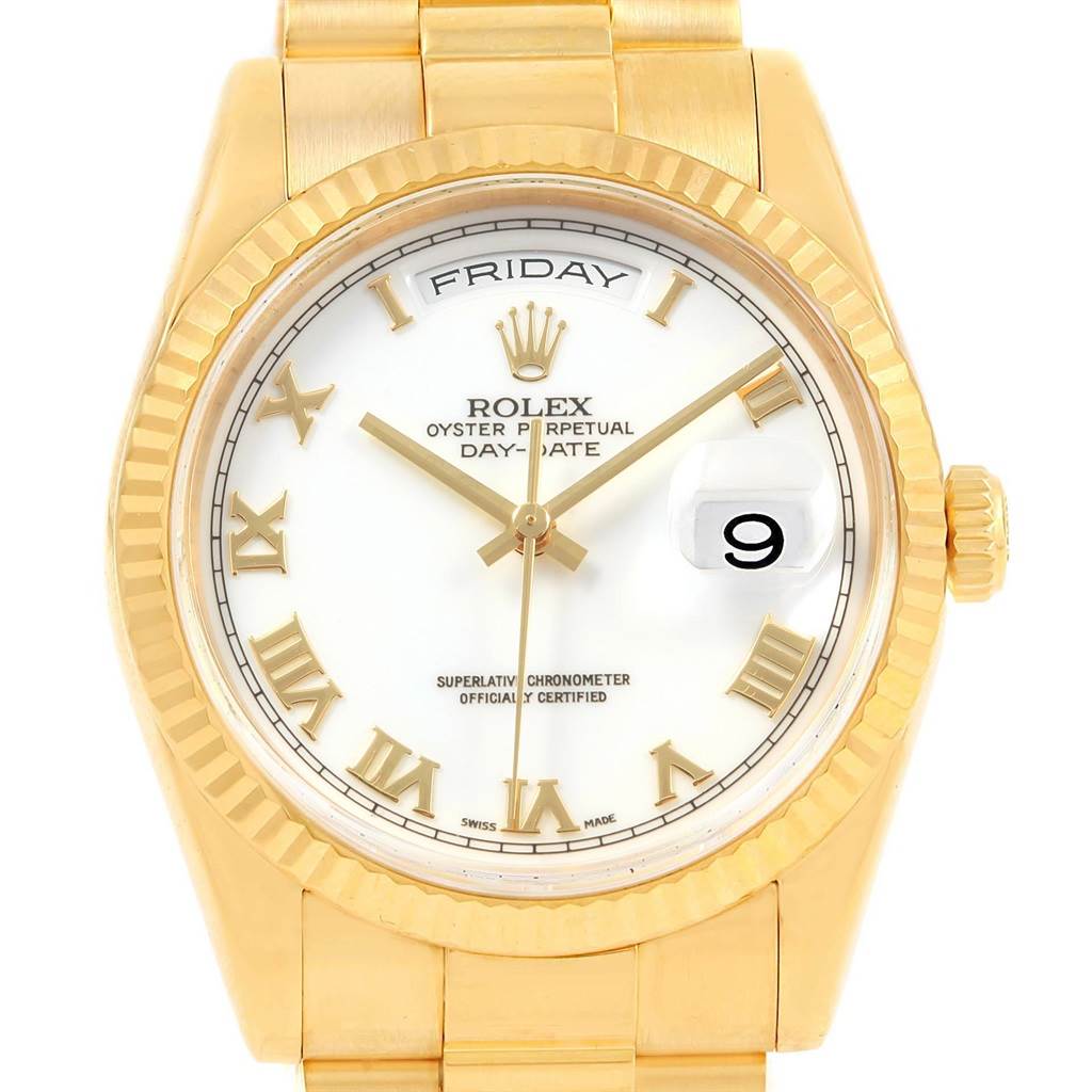 This image shows a front view of a Rolex President 118238 Men
s Yellow Gold White Dial 118238 Men
s Yellow Gold White Dial model watch, highlighting the dial, fluted bezel, crown, and part of the bracelet.