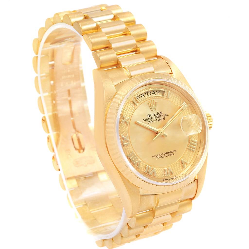 The Rolex President 18038 Men
s Yellow Gold Mother of Pearl Dial 18038 Men
s Yellow Gold Mother of Pearl Dial model is shown at a three-quarter angle, highlighting its gold bracelet, dial, and fluted bezel.