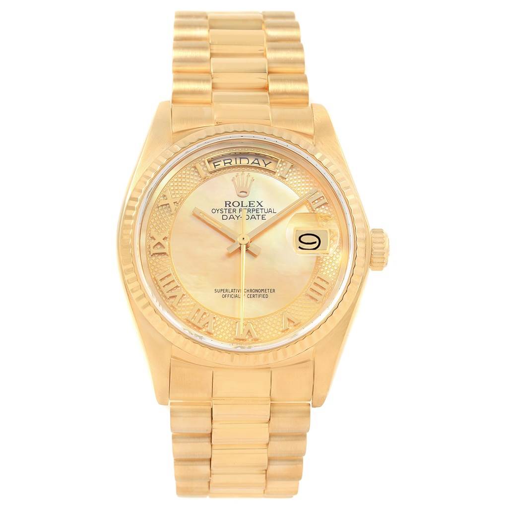 This image shows a front view of a Rolex President 18038 Men
s Yellow Gold Mother of Pearl Dial 18038 Men
s Yellow Gold Mother of Pearl Dial model watch, displaying the dial, case, and bracelet.