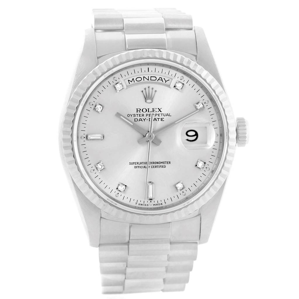 This image shows the face, bezel, and bracelet of a Rolex President 18239 Men's White Gold Silver Dial 18239 Men's White Gold Silver Dial model watch from a front angle.