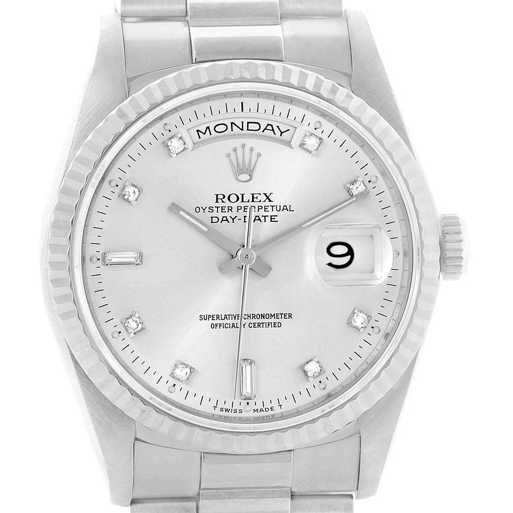 The image shows a front view of the Rolex President 18239 Men's White Gold Silver Dial 18239 Men's White Gold Silver Dial Oyster Perpetual Day-Date watch, displaying the face, bezel, and bracelet.