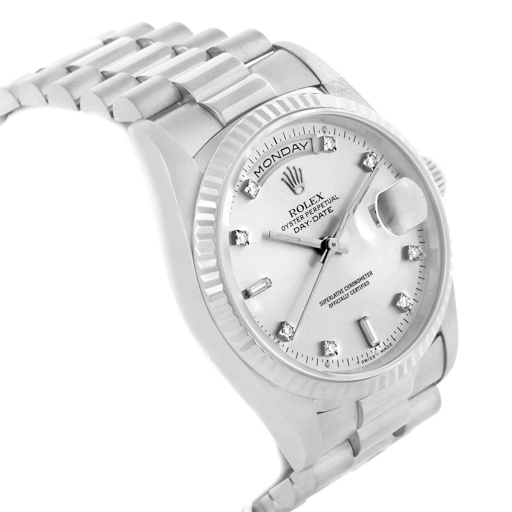 The image shows a Rolex President 18239 Men's White Gold Silver Dial 18239 Men's White Gold Silver Dial model watch from an angled view, highlighting its dial, bracelet, and day-date feature.