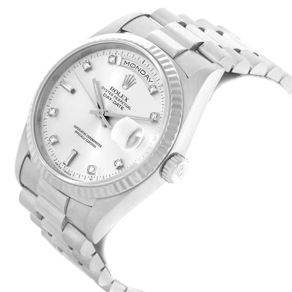 The image shows a Rolex President 18239 Men's White Gold Silver Dial 18239 Men's White Gold Silver Dial watch model angled to display the face, bracelet, and part of the crown.