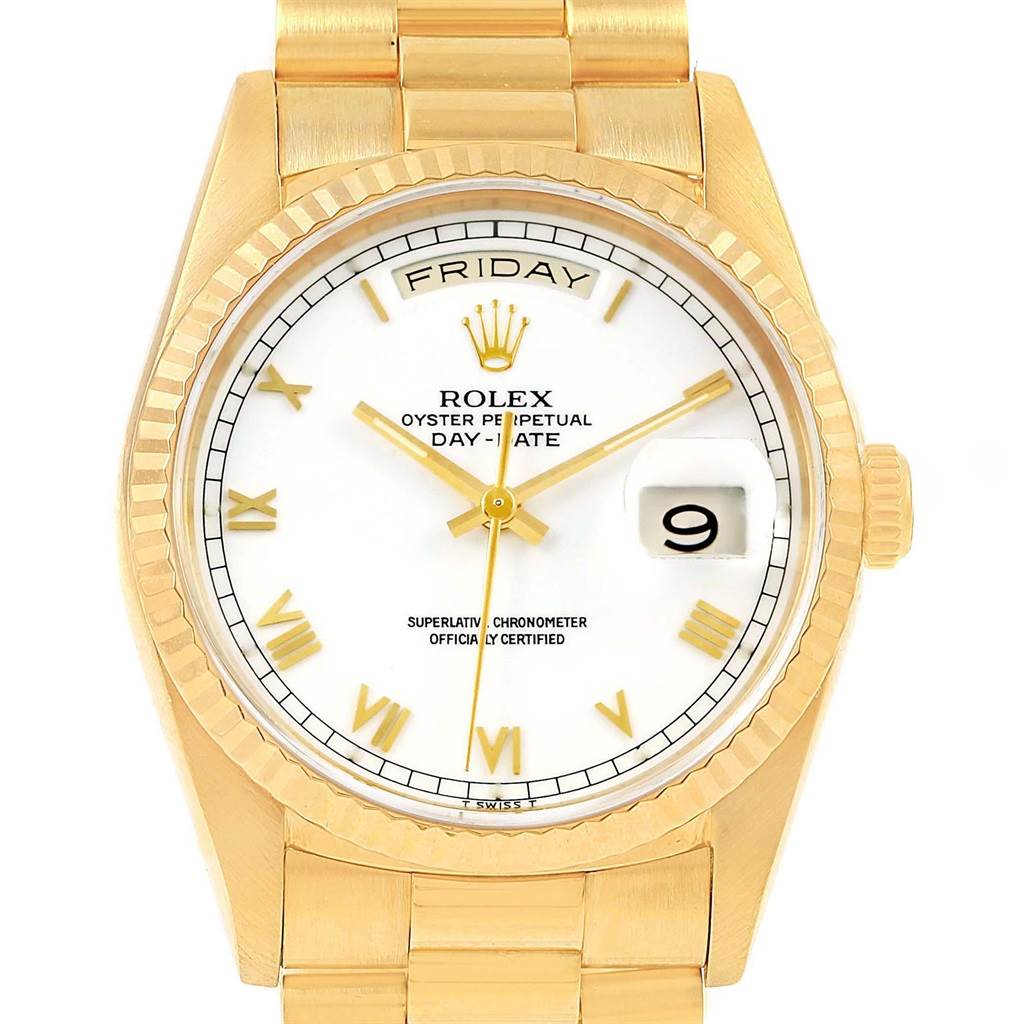 This image shows a front view of the Rolex President 18238 Men
s Yellow Gold White Dial 18238 Men
s Yellow Gold White Dial Oyster Perpetual Day-Date watch, highlighting the face, dial, bezel, and part of the bracelet.
