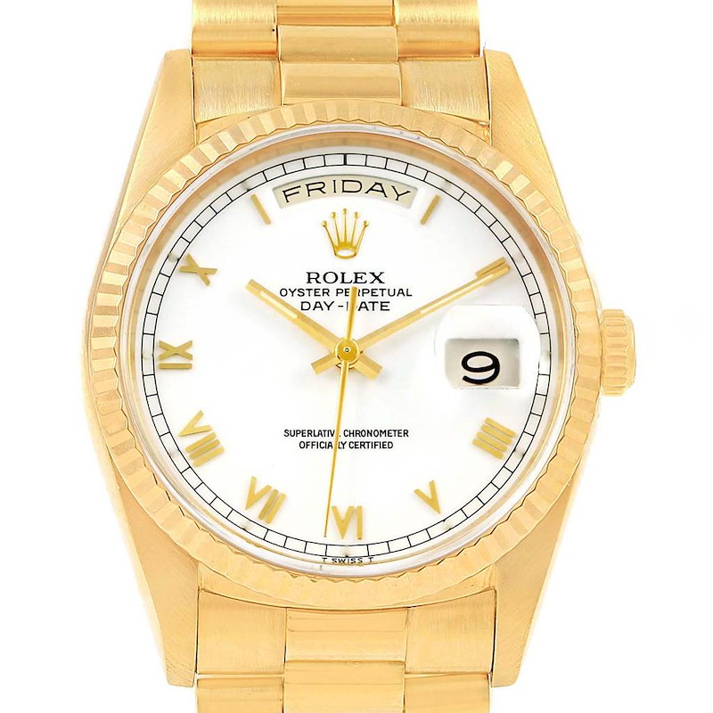 Rolex President Day Date White Dial Yellow Gold Watch 18238 Box Papers SwissWatchExpo
