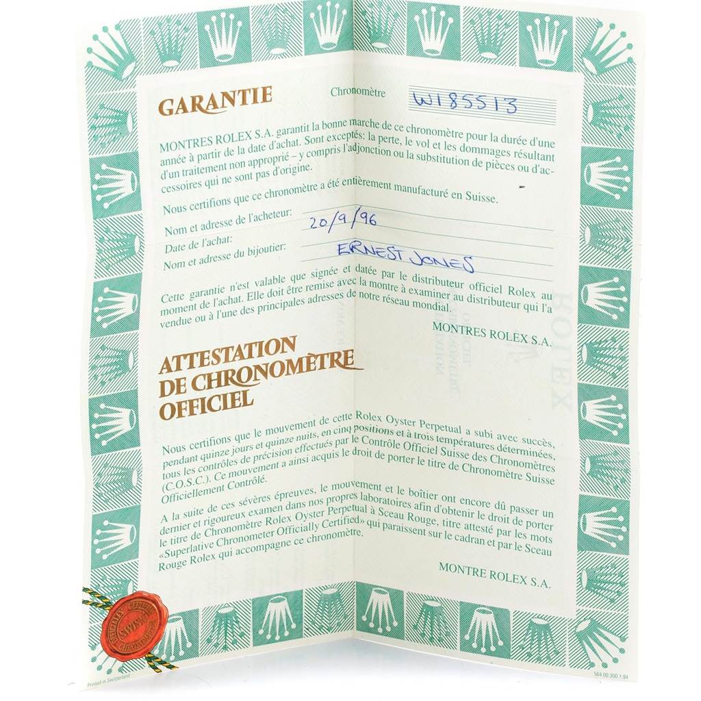 This image shows the warranty and chronometer certification documents for the Rolex President 18238 Men
s Yellow Gold White Dial 18238 Men
s Yellow Gold White Dial model watch.