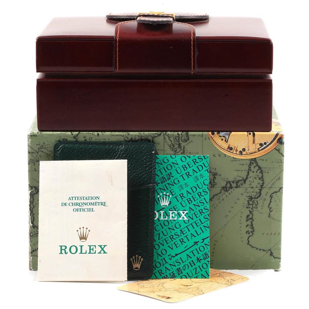 The image shows the packaging and documentation for a Rolex President 18238 Men
s Yellow Gold White Dial 18238 Men
s Yellow Gold White Dial model watch, including a leather box, papers, and a cardholder.