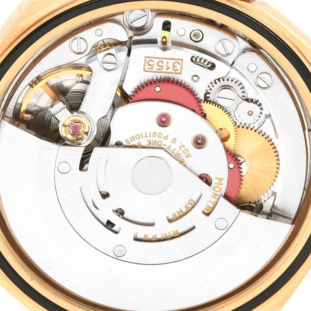 This image shows a close-up of the internal movement and mechanism of a Rolex President 18238 Men
s Yellow Gold White Dial 18238 Men
s Yellow Gold White Dial model watch.