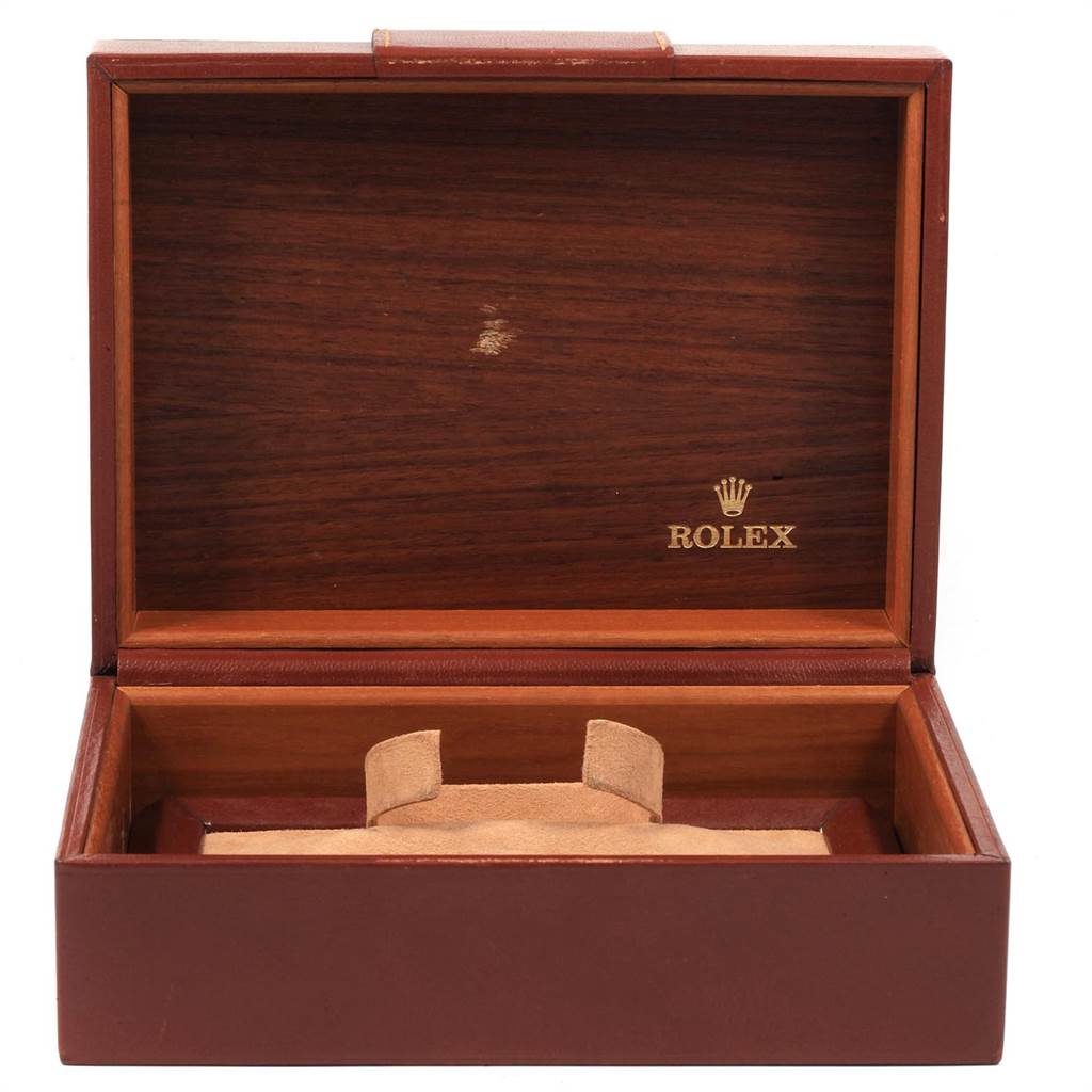 This image shows an open wooden watch box for the Rolex President 18038 Men's Yellow Gold Silver Dial 18038 Men's Yellow Gold Silver Dial model, displaying its interior with a holder.