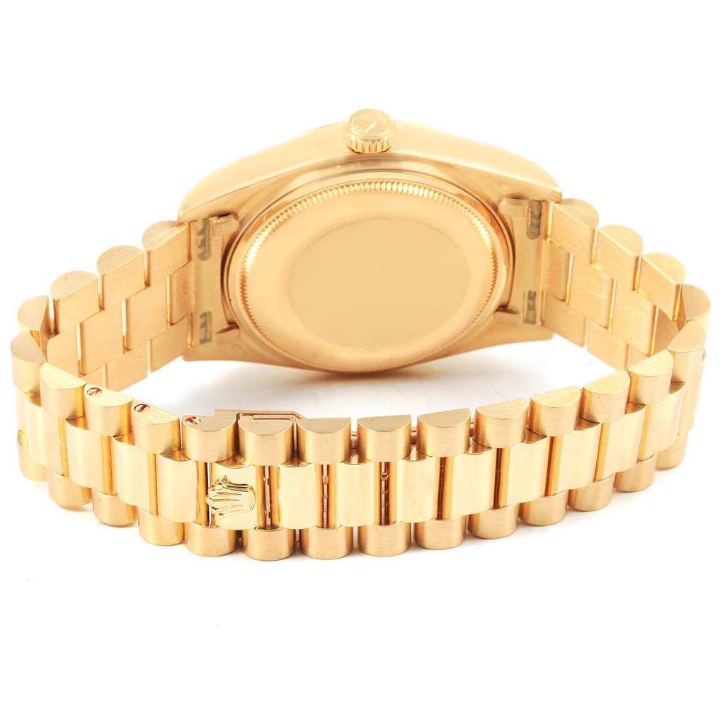 This image shows the back case and bracelet of a Rolex President 18038 Men's Yellow Gold Silver Dial 18038 Men's Yellow Gold Silver Dial model watch.