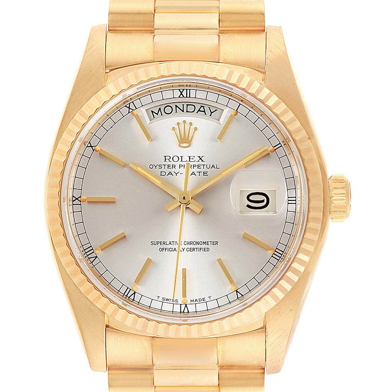 Rolex President Day Date 36mm Yellow Gold Silver Dial Mens Watch 18038 SwissWatchExpo