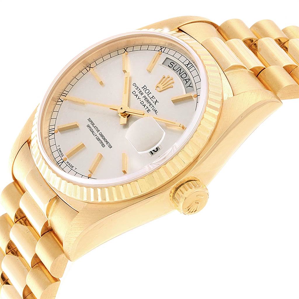 The image shows a Rolex President 18038 Men's Yellow Gold Silver Dial 18038 Men's Yellow Gold Silver Dial model watch at an angled view, highlighting the dial, bezel, crown, and part of the bracelet.