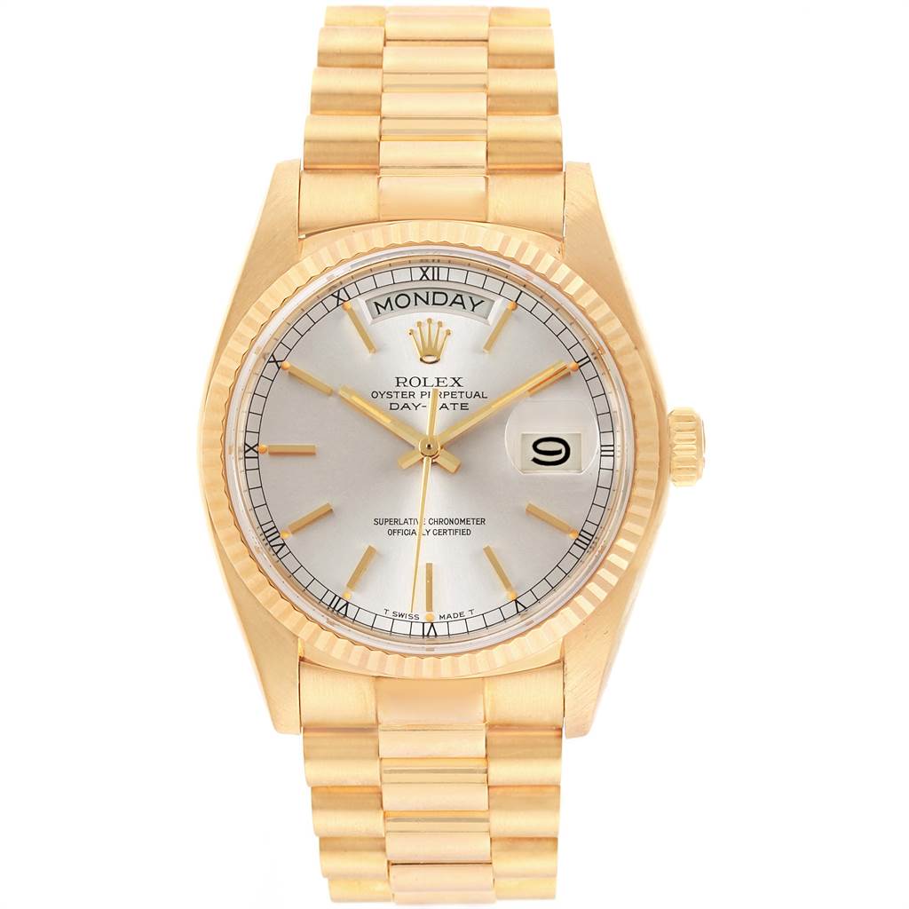 The image shows a frontal view of a Rolex President 18038 Men's Yellow Gold Silver Dial 18038 Men's Yellow Gold Silver Dial model watch with a gold case, bracelet, and a silver dial.