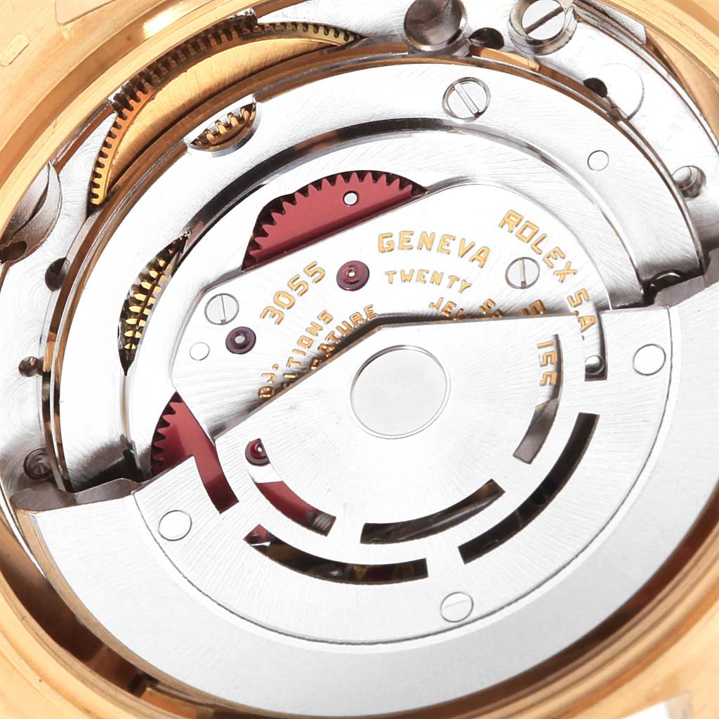 This image shows a close-up of the movement and inner workings of a Rolex President 18038 Men's Yellow Gold Silver Dial 18038 Men's Yellow Gold Silver Dial model watch.