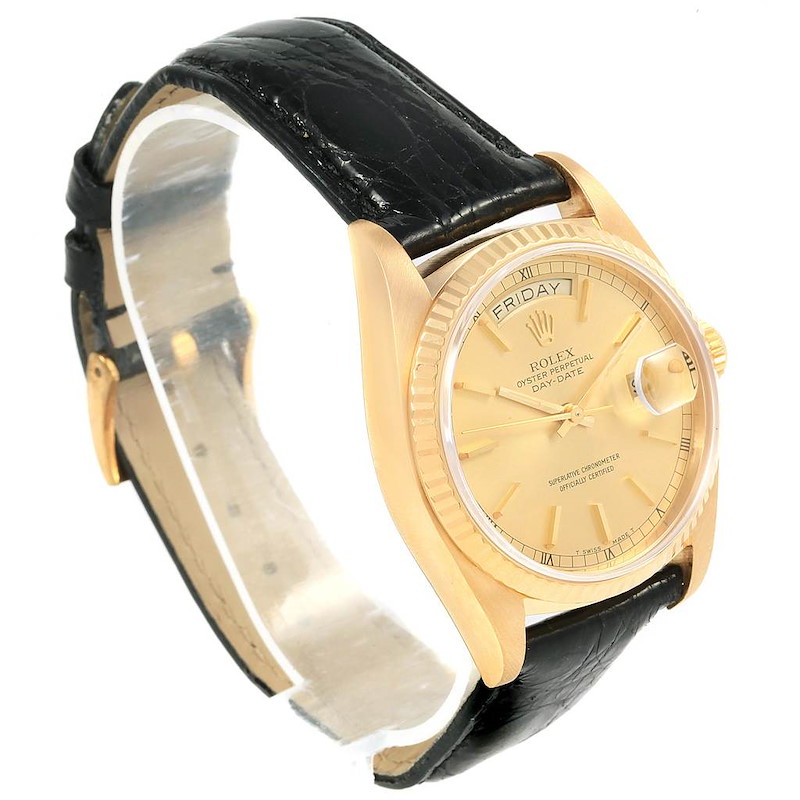 Rolex President Day-Date Yellow Gold Black Strap Mens Watch 18038 SwissWatchExpo