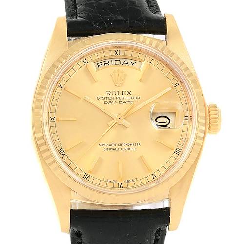 Photo of Rolex President Day-Date Yellow Gold Black Strap Mens Watch 18038