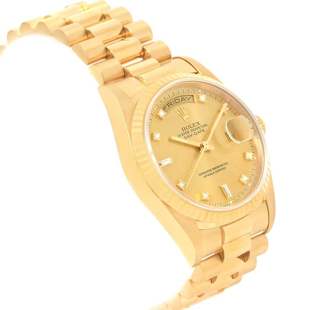 The Rolex President 18238 Men
s Yellow Gold Champagne Dial 18238 Men
s Yellow Gold Champagne Dial model watch is shown at an angled view highlighting the dial, bracelet, and part of the bezel.