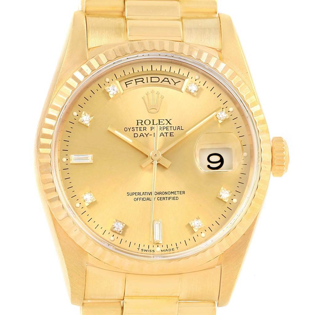 The image shows a close-up of a Rolex President 18238 Men
s Yellow Gold Champagne Dial 18238 Men
s Yellow Gold Champagne Dial model watch, highlighting its gold dial, day and date display, and diamond hour markers.