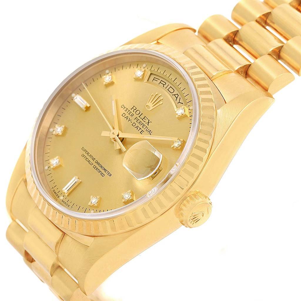 The image shows a close-up angle of a Rolex President 18238 Men
s Yellow Gold Champagne Dial 18238 Men
s Yellow Gold Champagne Dial model, highlighting the dial, crown, and part of the bracelet.