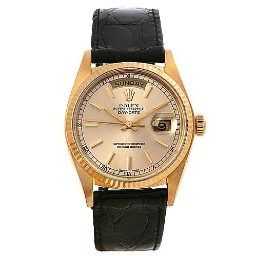 This image shows a front view of the Rolex President 18038 Men's Yellow Gold Silver Dial 18038 Men's Yellow Gold Silver Dial watch, displaying its face, black leather strap, and gold casing.