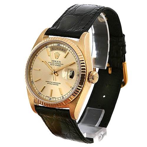 This image shows a Rolex President 18038 Men's Yellow Gold Silver Dial 18038 Men's Yellow Gold Silver Dial model watch at a slight front angle, displaying the face, bezel, crown, strap, and day-date window.