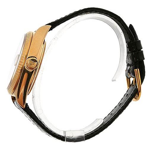 This image shows a Rolex President 18038 Men's Yellow Gold Silver Dial 18038 Men's Yellow Gold Silver Dial model watch from a right side angle, highlighting the case, crown, and black leather strap with a gold buckle.