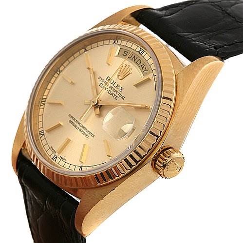 The image shows a side angle of a Rolex President 18038 Men's Yellow Gold Silver Dial 18038 Men's Yellow Gold Silver Dial model watch, highlighting the dial, crown, and leather strap.