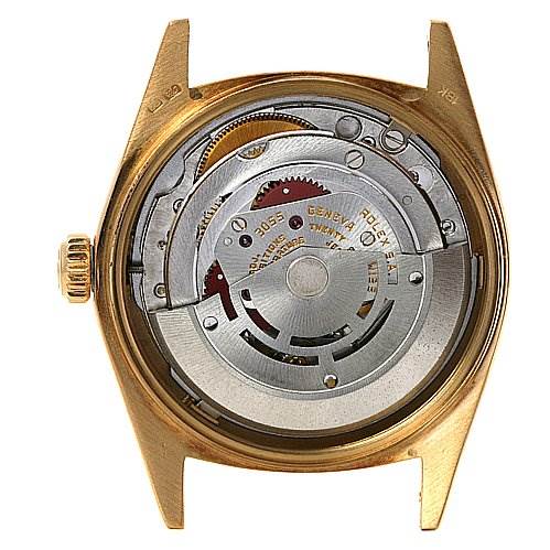 The image shows the back view of a Rolex President 18038 Men's Yellow Gold Silver Dial 18038 Men's Yellow Gold Silver Dial model, revealing its intricate inner movement and components.