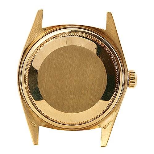 The image shows the back case and lugs of a Rolex President 18038 Men's Yellow Gold Silver Dial 18038 Men's Yellow Gold Silver Dial model watch from a top-down angle.