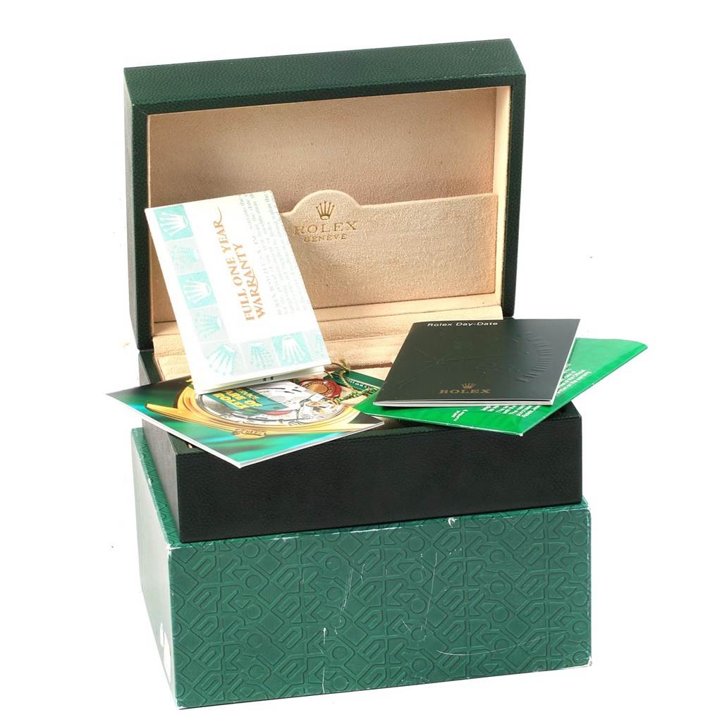 The image shows a Rolex President 118238 Men's Yellow Gold Silver Dial 118238 Men's Yellow Gold Silver Dial model watch box and accessories, including booklets and warranty cards, photographed from the front.