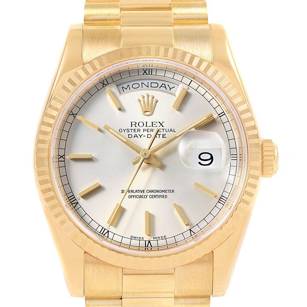 This image shows the full face and bracelet of the Rolex President 118238 Men's Yellow Gold Silver Dial 118238 Men's Yellow Gold Silver Dial Day-Date watch model.
