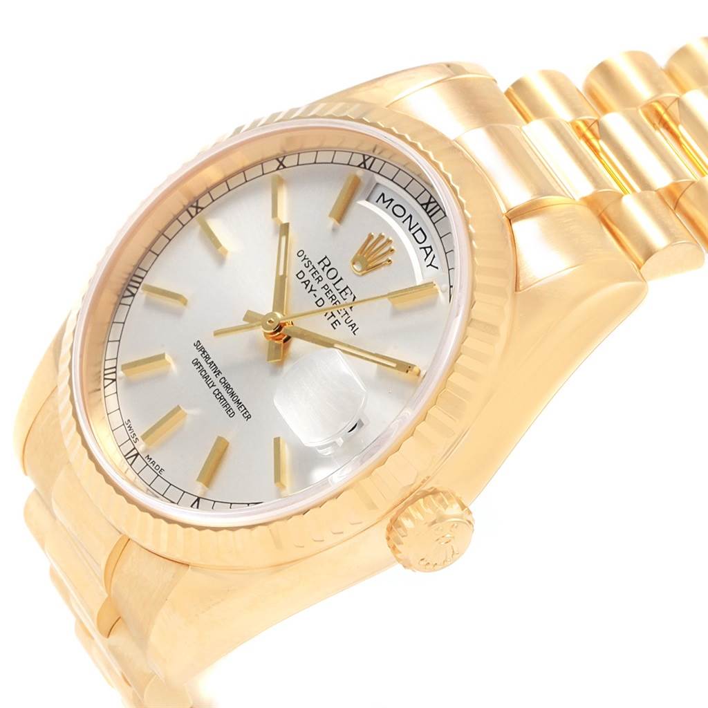 The image shows a side angle of a Rolex President 118238 Men's Yellow Gold Silver Dial 118238 Men's Yellow Gold Silver Dial model watch, highlighting the dial, crown, and bracelet.