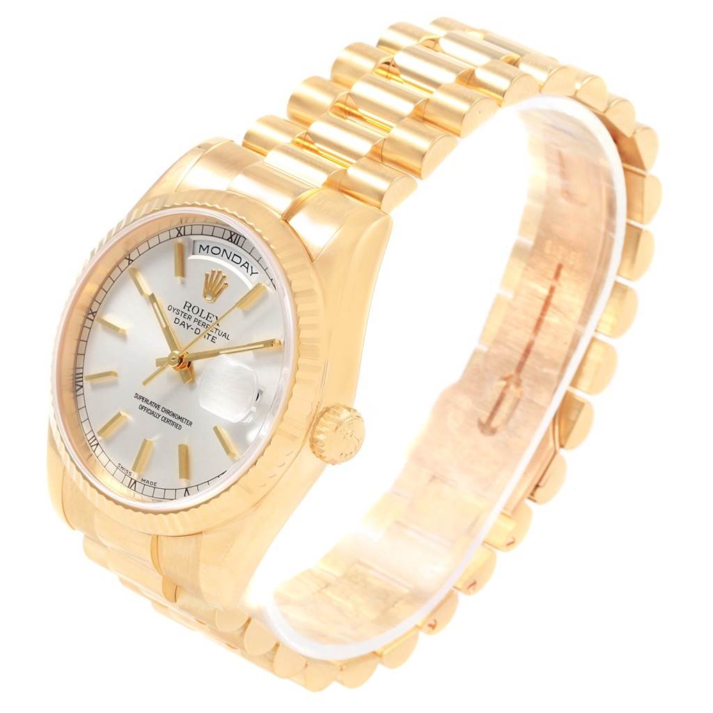 The Rolex President 118238 Men's Yellow Gold Silver Dial 118238 Men's Yellow Gold Silver Dial model watch is shown at a three-quarter angle, highlighting the dial, bezel, crown, and bracelet.