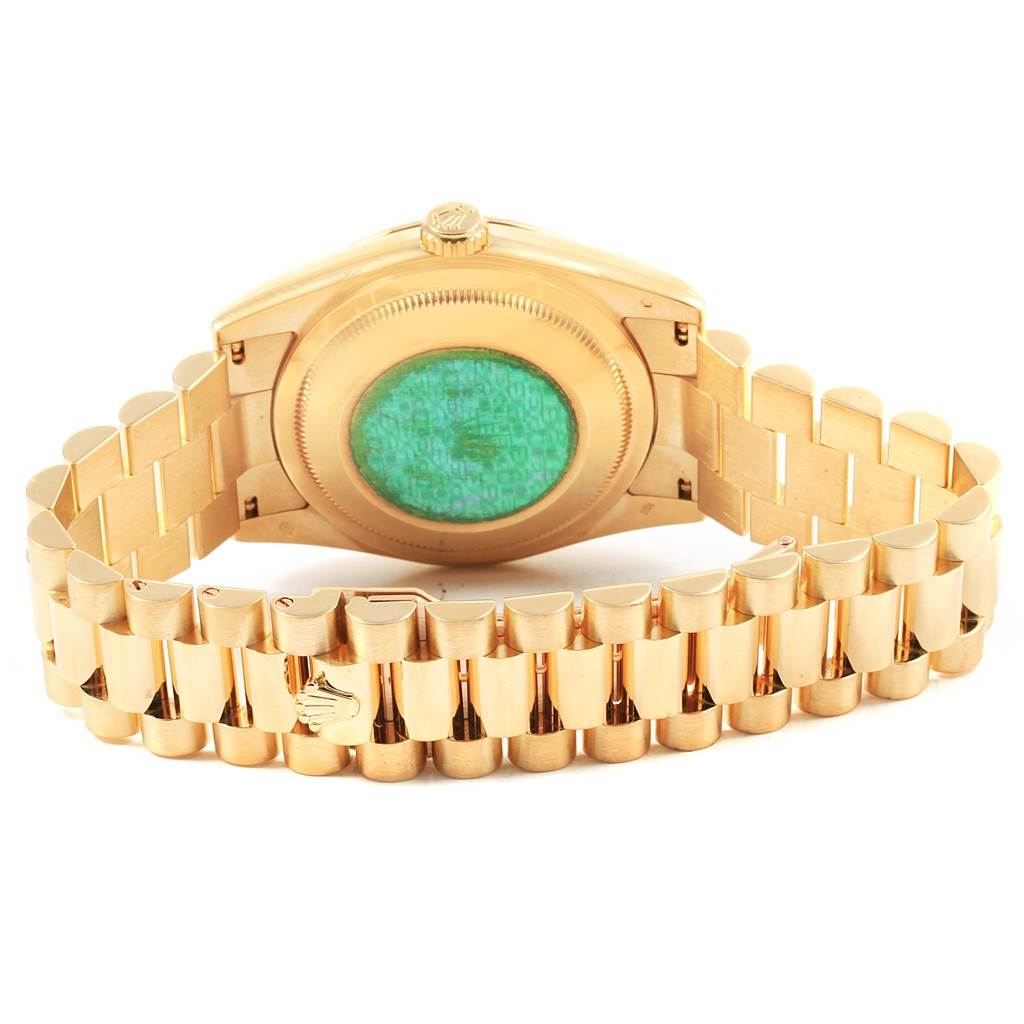 The image shows the back view of a Rolex President 118238 Men's Yellow Gold Silver Dial 118238 Men's Yellow Gold Silver Dial watch, highlighting the case back and bracelet.